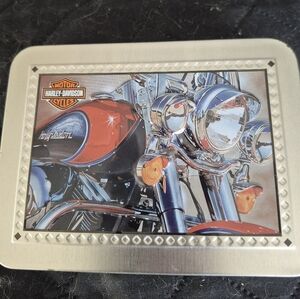 Harley-Davidson Silver and Red Motorcycle Tin With 2 Harley Davidson Playing Car